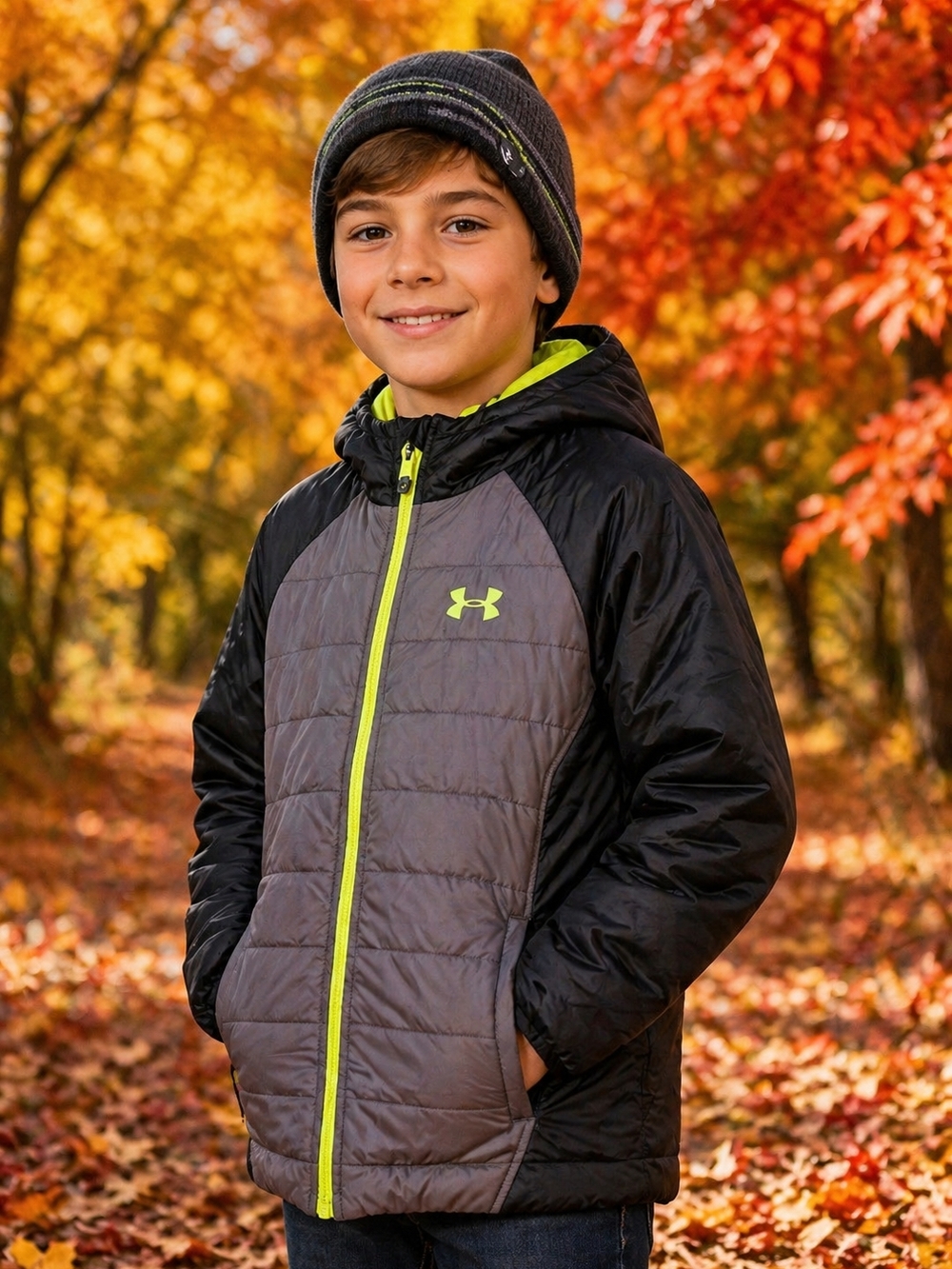 Under Armour Boys' Black & Gray Puffer Jacket with Neon Liner, Size L Boys. EUC